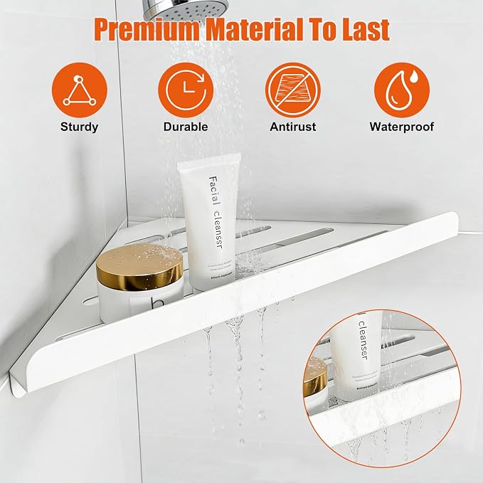 Fikoksol Shower Caddy Storage, Triangle Corner Shelf with Adhesive Glue | Metal Bathroom Shelf Storage, Adhesive or Screw Wall Mounted Corner Shower Rack, White Rustproof Bath Organizer Accessory