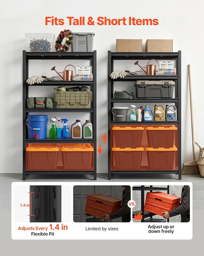 VEVOR Storage Shelves, 5-Tier Adjustable, 3000 lbs Capacity, Heavy Duty Garage Storage Shelving Unit, Metal Utility Rack Shelf, for Garage Warehouse Basement Kitchen, 40.55" W x 18.31" D x 71.38" H