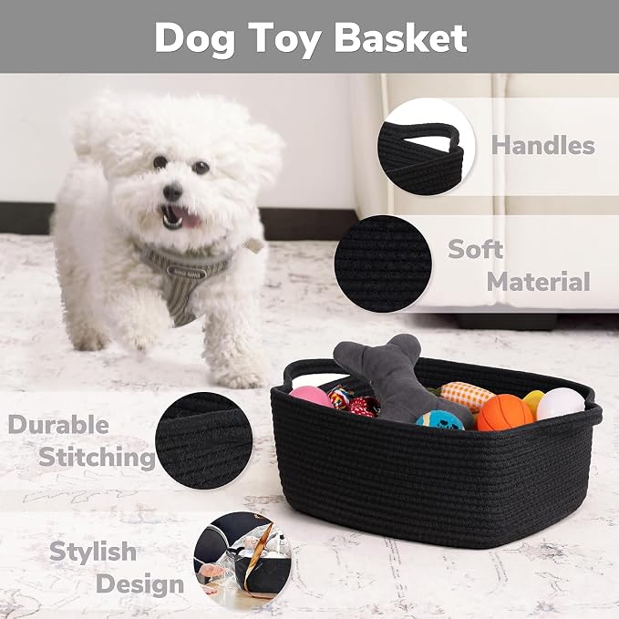 CHICVITA Small Cotton Rope Gift Basket for Shelves, Black | 13" x 10" x 5", Decorative Storage Basket for Bathroom & Nursery Organization, Baby Toys, Towels & Books Storage