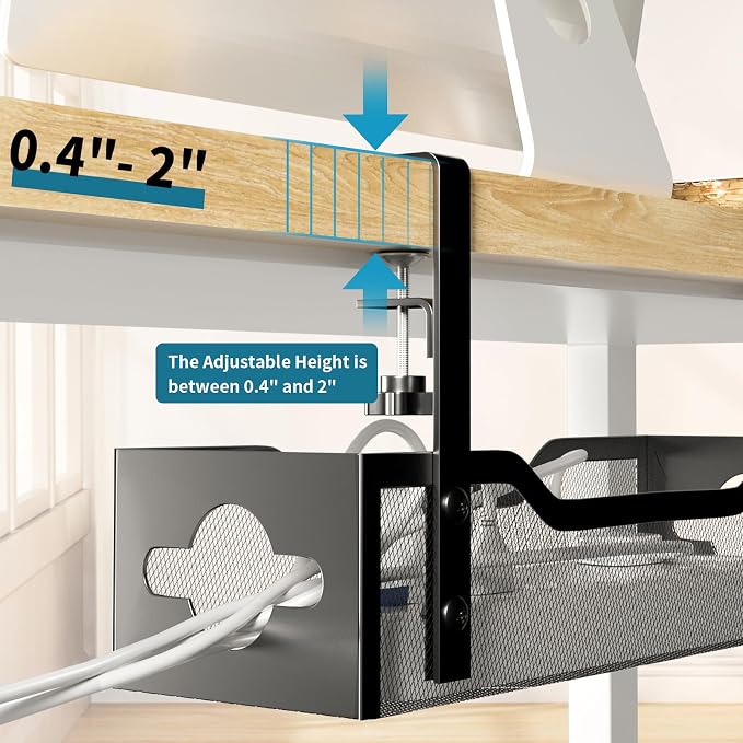 Under Desk Cable Management Tray Black, Litwaro Cable Management Under Desk No Drill, Cable Organizer with Clamp for Wire Management, Cord Organizer No Damage to Desk for Office, Home
