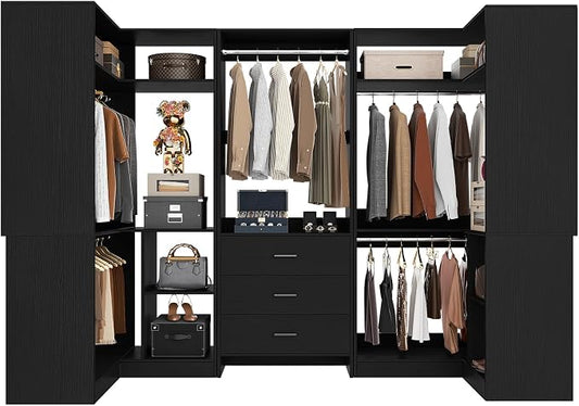 Aheaplus Closet System with 3 Drawers, 5 Hanging Rods & Corner Tower, Corner Closet System with Hanging, 88.8" U-Shaped Walk-In Wardrobe Organizer, 2000+ lbs Capacity, Set of 3, Black