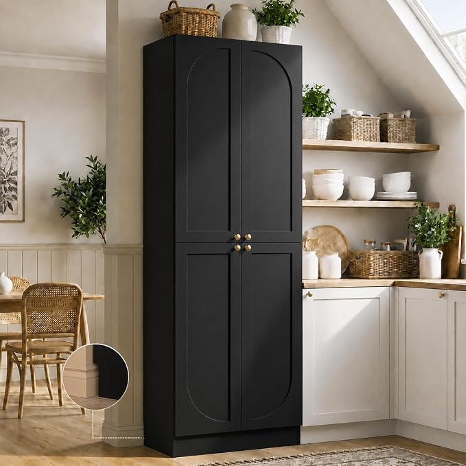 Cyclysio 80" Kitchen Pantry, Extra Tall Arch Storage Cabinet with 4 Soft Close Doors and Adjustable Shelves, Freestanding Wood Cupboard with Seamless Fit Wall for Dining Living Room (Black, 1 Pack)