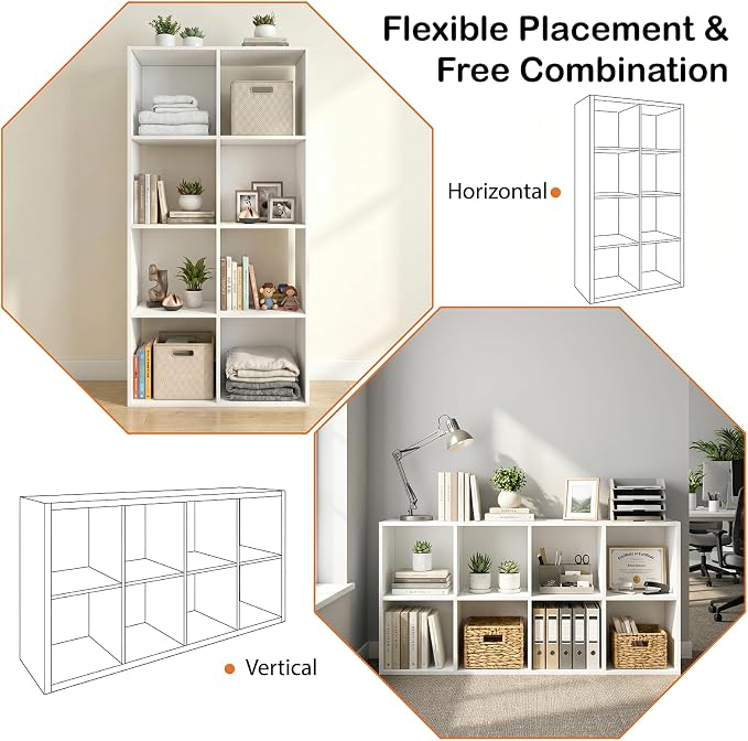 WannabeMyself【Sturdy Build&Easy Assembly】 8 Cube Storage Organizer with Anti-Tipping Kits,Reversible Open Back Book Shelf, Bookcase for Living Room,Bedroom,Entrance Hall,Office,24.1×11.4×47.7,White