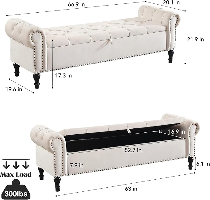 Storage Bed Bench for Bedroom, Velvet 67" End of Bed Benches, King Size Bench with Armrest, Tufted Button Upholstered Ottoman Bench for Living Room, Entryway, Cream White