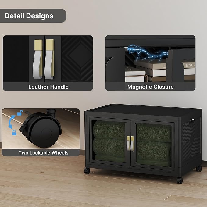 Stackable Storage Bins with Lids,180QT Extra Large Storage Cabinet | Clear Doors, Foldable Storage Drawers, Heavy Duty, Collapsible Closet Organizers for Bedroom Office (1, Black, 180, Quarts)
