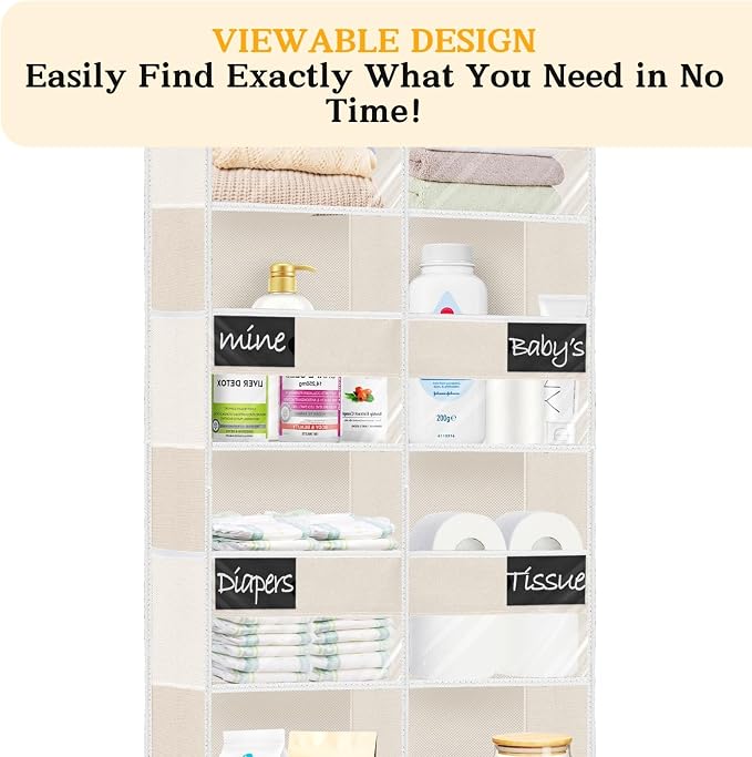 Ofiray-home Over the Door Organizer, 5-Tier Extra Large Storage with 10 Pockets and PVC Label Pouches, 80 lbs Capacity Hanging Closet Organizer, Beige