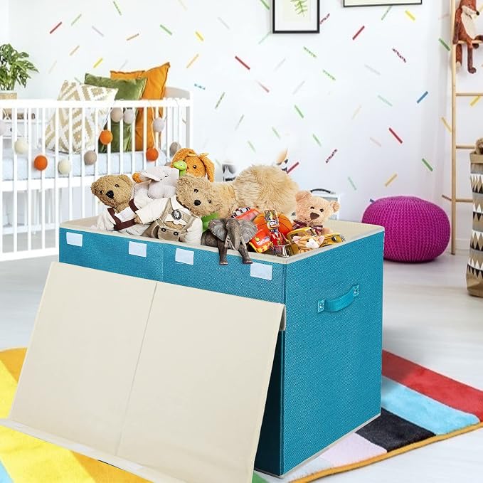 Large Toy Box Chest Storage with Flip-Top Lid, Kids Toy Storage Bin Boxes | Toy Chest with Rivets Handles for Kids, Boys, Girls, Nursery, Playroom, Living Room, Bedroom, 25"x 13" x 16" (Linen Teal)