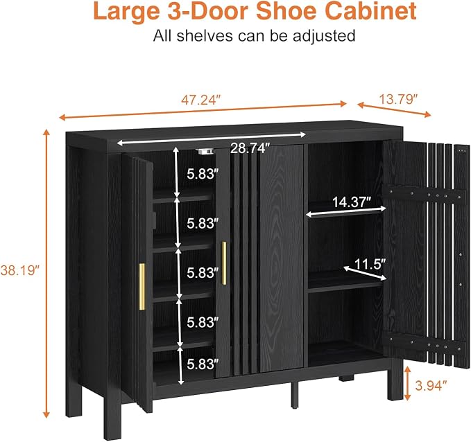 UNIQUITE Wooden Shoes Cabinet with 3 Doors and Adjustable Shelves, Retro Freestanding Shoe Organizer Cabinet for Entryway Hallway Living Room, 5-Tier Shoe Cabinet for 30 Pairs, Black