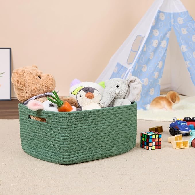 MiniArk Large Storage Baskets for Shelves, 17 x 13 x 7.5” Closet Organizers Bins for Clothes Blanket Towels, Baby Nursery, Toy Baskets Box, Woven Rope Baskets, 2 Packs Green