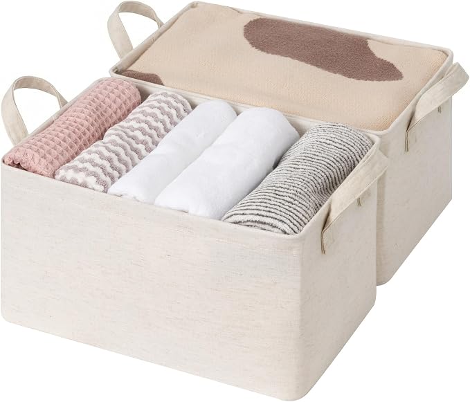 StorageWorks Storage Bins, Shelves Baskets for Organizing, Fabric Closet Organizers with Handles, Metal Frame, Beige-Cotton-linen, 2-Pack