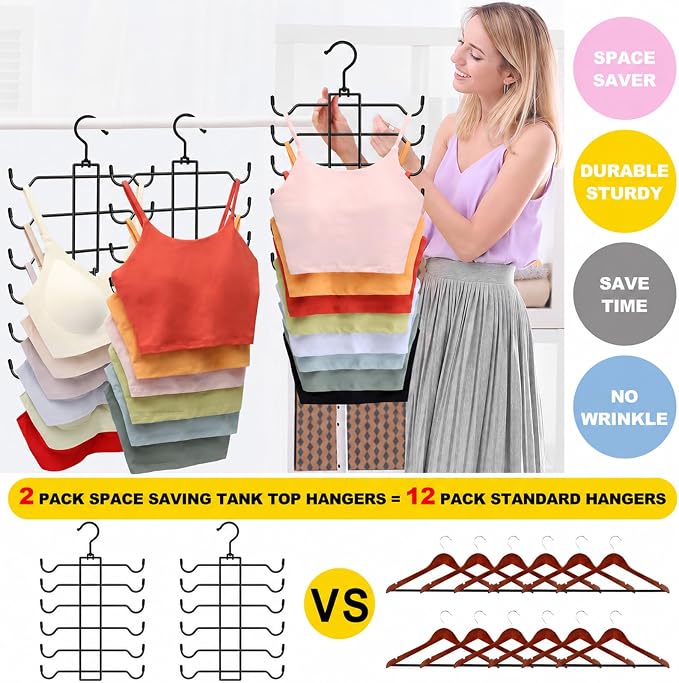 2 Pack Tank Top Hanger Space Saving, Stainless Steel Bra Hangers for Closet Organizer, Closet-Organizer-and-Storage for Small Space, Non-Slip 6-Tier Hanging System, RV Apartment Dorm-Room-Essentials