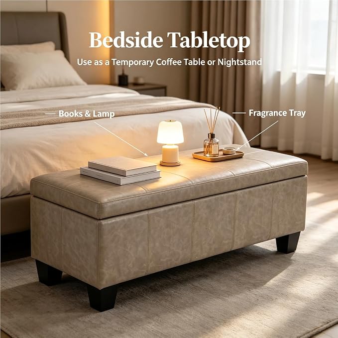 41.5 Inch Light Gray Faux Leather Storage Ottoman Bench for Small Spaces | 2.8 cu ft storage capacity,660 lbs weight limit,solid wood legs,fits modern nordic home decor