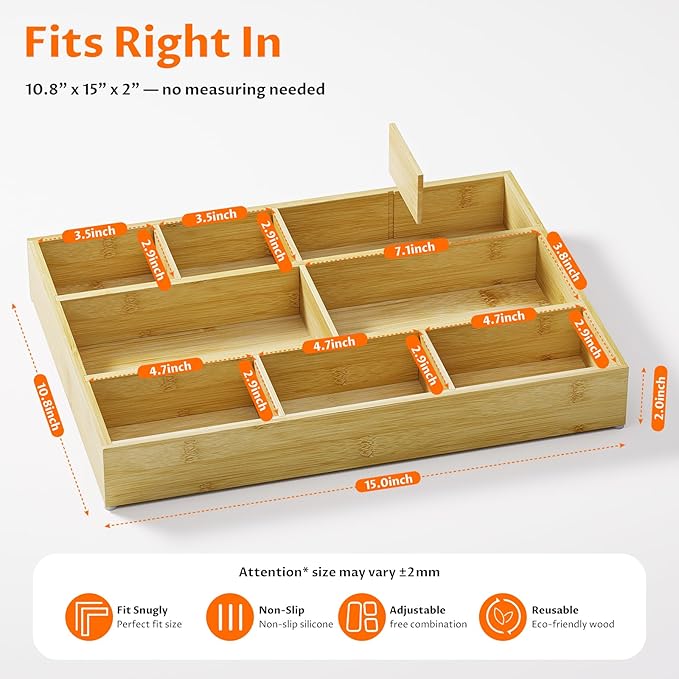 Bamboo Drawer Organizer with 9 Adjustable Compartments, Office Desk Organization Tray for Office Utensils, Supplies, Makeup, Jewelry, and More – Ideal for Desk or Drawer Storage