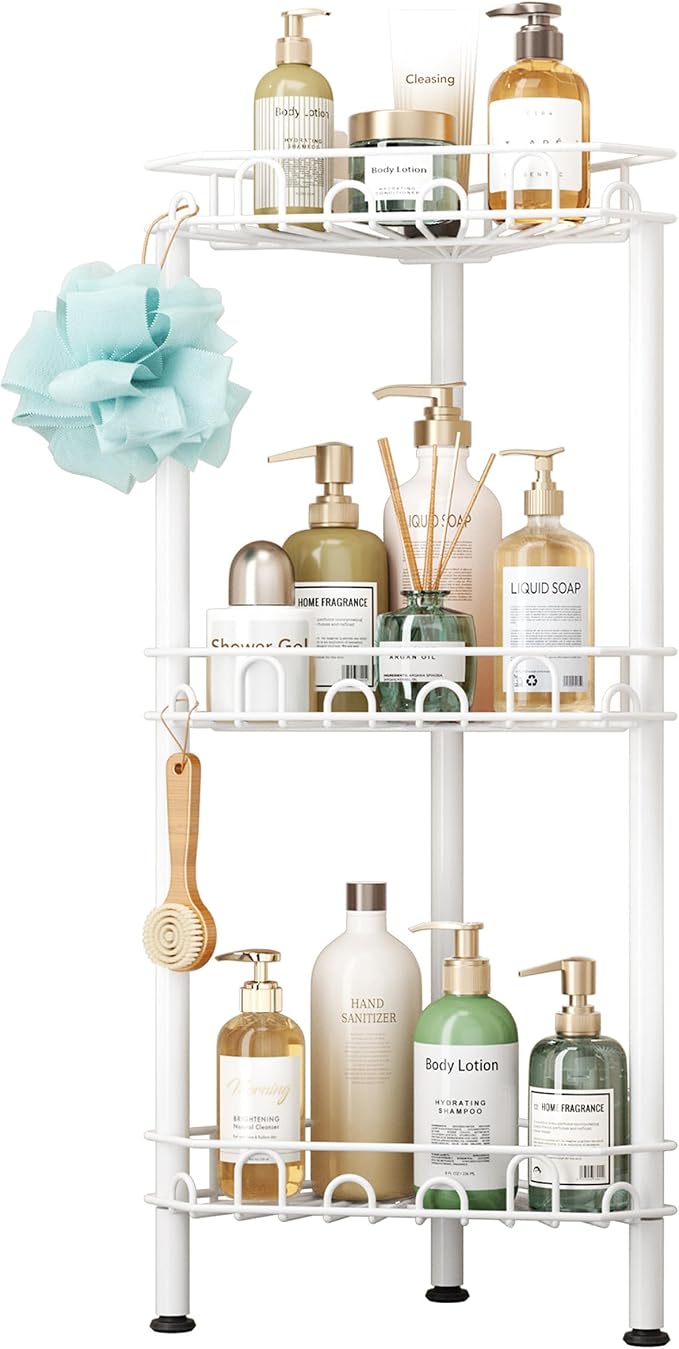 SWTYMIKI Standing Shower Caddy Corner - 3‑Tier Stainless Steel Shower Organizer Shelf with 12 Hooks and Adhesive Pads, Rustproof Corner Shelves Stand Rack for Bathroom Shower Room, white