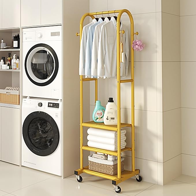 Dttwacoyh Clothing Rack with Wheels,Narrow Metal Garment Rack,Gold | Easy to install, 71.8 Inches Display Rack with 4 Side Hooks & 3 Shelves,for Small Flats, Bedroom, Entryway,Gold Clothes Rack