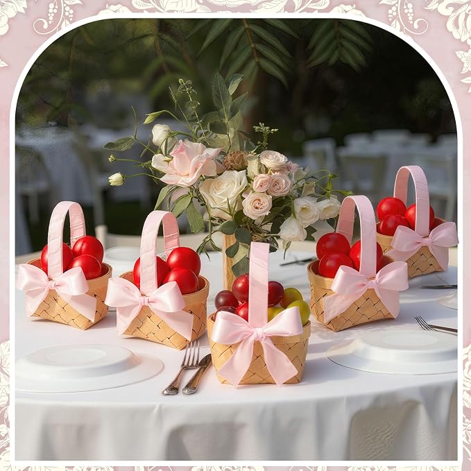 12 Pcs Mini Flower Girl Basket Mini Woven Baskets with Handles Wood Chip Flower Fruit Picnic Holder with Pink Ribbon Chip Bucket for Wedding Party Gifts Baby Shower Birthday Party Decoration
