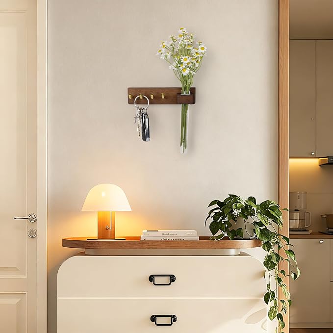 Key Holder Wall Mount, Solid Wood Key Holder for Wall with Planter Tube & 4 Brass Hooks, Decorative Renter-Friendly Wall Key Rack Hanger for Entryway Kitchen Living Room Car Keys