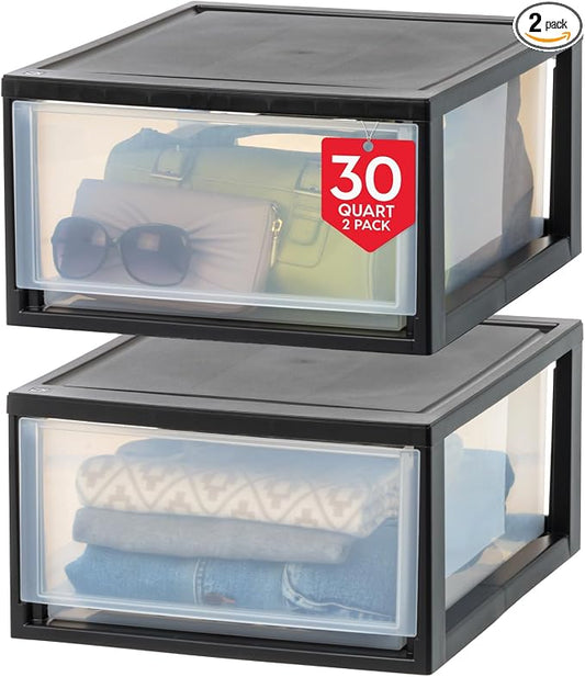 IRIS USA 2-Pack 30 Qt. Stacking Drawer Organizer with Sliding Drawer, Black | Organize clothing, accessories, office supplies, and household essentials around your home with easy access to stored items