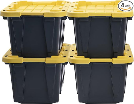 CX Heavy Duty 12-Gallon Stackable Plastic Storage Bins with Lids, 4 Pack | Storage totes for garage organization, Stackable containers, weather-resistant, snap lid, 12.5H x 16.3W x 21.8D, Black/Yellow