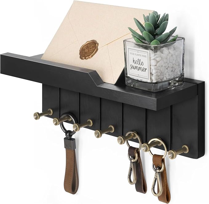 Rebee Vision Key Holder Wall Mount with 7 Key Hooks for Home Decor, Black | Modern Key and Mail Holder for Wall, Shelf Organizer, Plant Display, Mail Sorter, Apartment Essentials, Aesthetic Home Decor