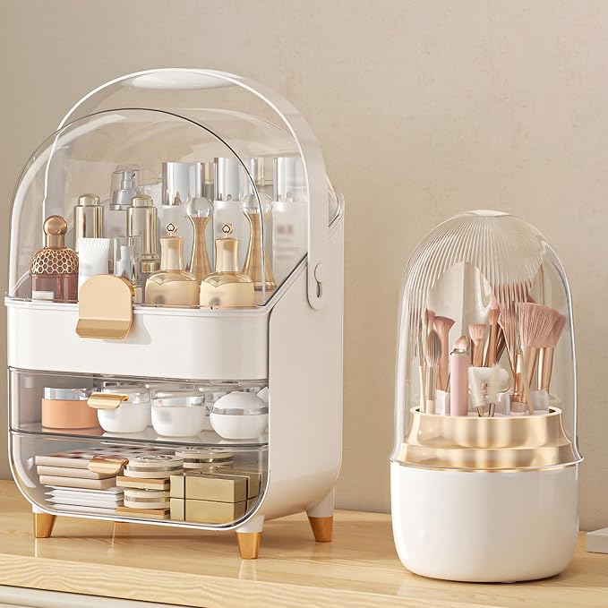 Makeup Organizer Countertop, Skincare Holder Bathroom Counter Organizer, Storage Box Cosmetic Display Cases, Teen Girl Gifts Make up Organizers (White/Brush)