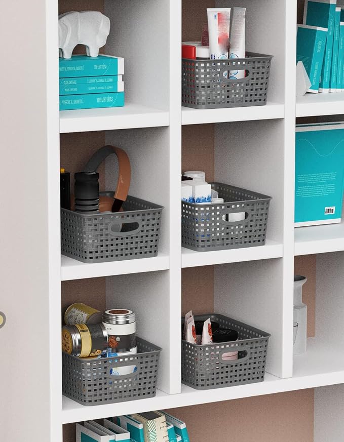WYT Weave Storage Organizer Baskets, Grey 6-Pack Plastic Woven Baskets, 10.1" x 7.55" x 4.1"