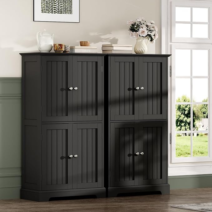 ChooChoo Bathroom Floor Cabinet with Adjustable Shelves | Bathroom Storage Cabinet, 4 Doors, Freestanding Cupboard for Living Room, Black