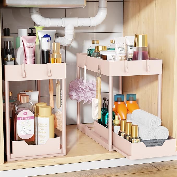 Simple Trending Under Sink Organizer 2 Pack, Sink Pull-Out Sliding Storage Cabinet, 2-Tier Under Shelf Organizer for Kitchen Bathroom, Pink
