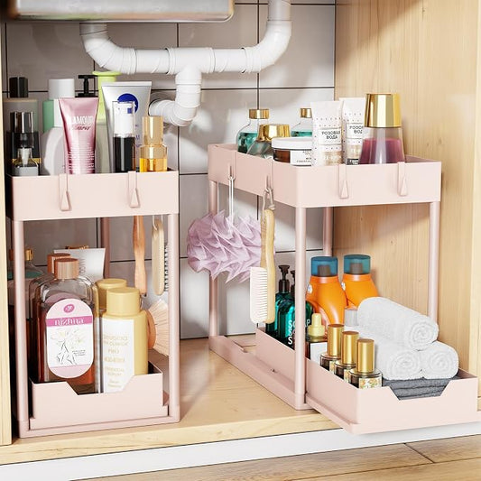 Simple Trending Under Sink Organizer 2 Pack, Sink Pull-Out Sliding Storage Cabinet, 2-Tier Under Shelf Organizer for Kitchen Bathroom, Pink
