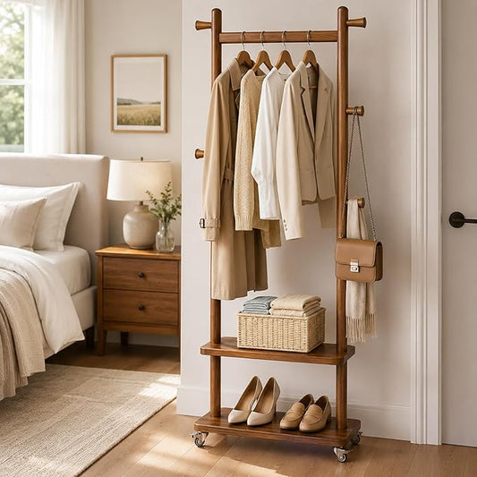Taitiy Coat Rack Freestanding Solid Wood with Wheels 2 Shelves 5 Hooks | 100% solid rubberwood,hidden 360° silent wheels,2 tier shelves,5 hooks,small clothing rack,entryway bedroom living room