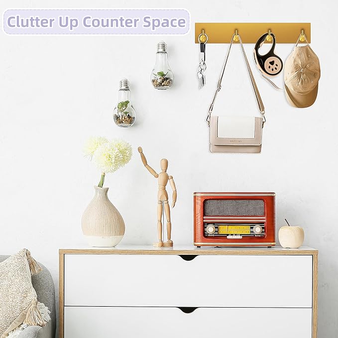 VIS'V Key Holder Wall Mount, Large Adhesive Key Hanger with 4 Hooks, Gold | Metal Material, No Drilling, Extra Adhesive Strip, Suitable for Entryway, Hallway, Doorway, Kitchen, Garage, Camper