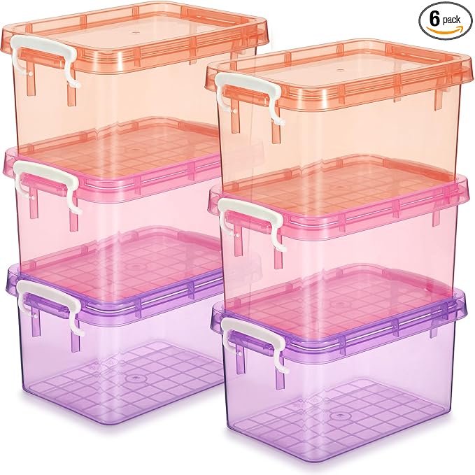 6 Pack Colorful Plastic Storage Bins with Lids 4 Quart Small Storage Latch Box Stackable and Nestable Clear Organizer Bins with Latching Handle and Buckle for Organizing(Sweet Color)