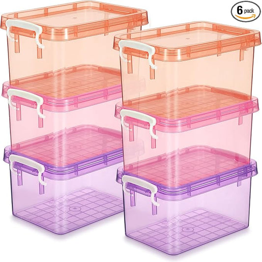 6 Pack Colorful Plastic Storage Bins with Lids 4 Quart Small Storage Latch Box Stackable and Nestable Clear Organizer Bins with Latching Handle and Buckle for Organizing(Sweet Color)