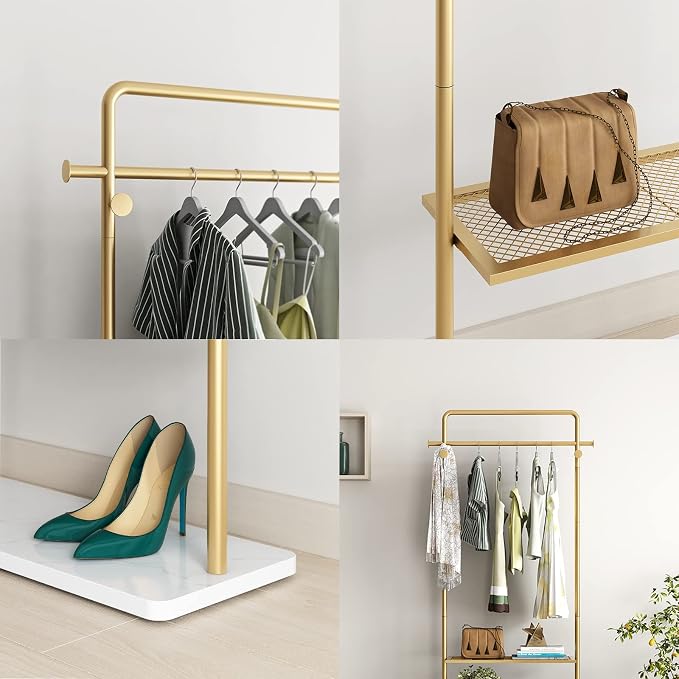 TIEOU Gold Coat Racks with Shelf, Heavy Duty Gold Clothing Racks for Boutiques, Free-Standing Metal Garment Rack for Hanging Clothes, Modern Clothes Rack Entryway(2 tier)