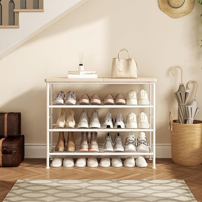 SUOERNUO 4 Tier Shoe Rack Organizer for Closet Shoe Storage for Entryway | Free Standing with MDF Top Board,Sturdy Metal Frame,Ideal for Living Room,Hallway White