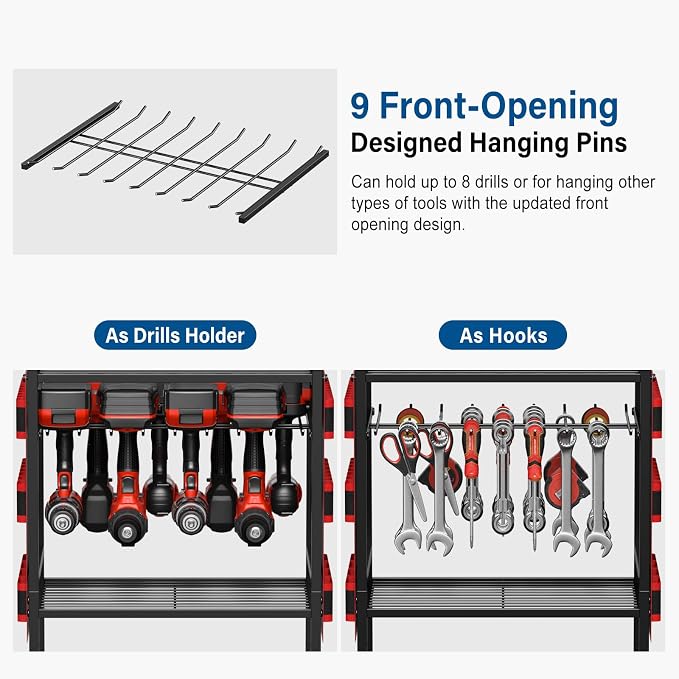 JUNNUJ Power Tool Charging Organizer Cart, 8 Outlet 3 USB, 6 FT Cord, Red | Floor Rolling, Large Tools Storage Cart on Wheels, Heavy Duty Drill Battery Station, Utility Rack Shelf for Garage Workshop