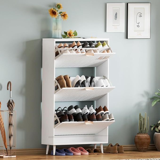 Shoe Cabinet Storage,Modern Freestanding Organizer with 3 Flip Drawers,Narrow Shoe Rack Cabinet for Entryway,White