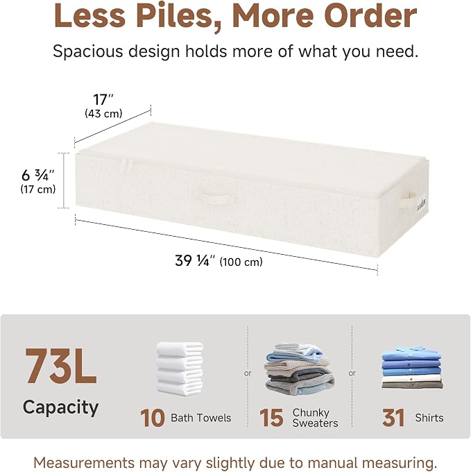 StorageWorks Underbed Storage Containers with Lids, 2-Pack 6.75" Low Profile Under Bed Organizers for Clothes, Bedding and Sweaters, 73L Large Fabric Storage Bins, Foldable Space Saving, Light Beige