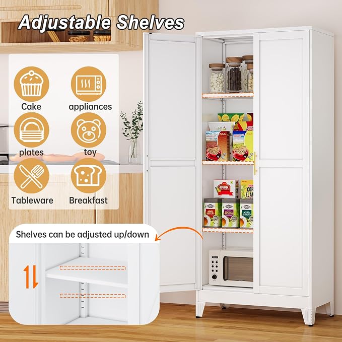 Winiowa Metal Pantry Cabinet with 2 Doors and Adjustable Shelves - 61" Kitchen Storage Cabinet with Gold Handles - Versatile Storage for Kitchen, Bathroom, Dining Room, Utility Room - White