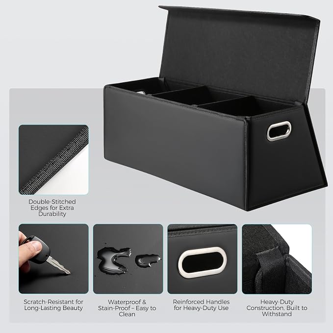 Fyzeoty Car Trunk Organizer for SUV and Sedan, Trapezoidal-Black, 29.5 in | Tailored for Rear Seats, Extra Large, Leather Storage Box, Magnetic Lid, Collapsible & Adjustable, Water‑Resist & Dust‑Proof