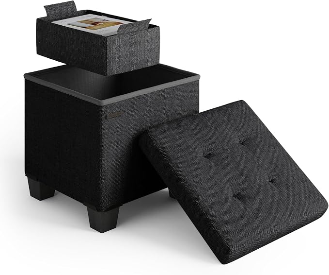 Storage Ottoman Cube with Small Bin, 15-in Square Ottoman with Storage for Living Room and Bedroom, Small Ottomans Foot Rest, Fabric Foot Stools Ottomans Max 330lbs, Black