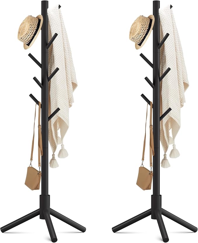 Haddockway Wooden Coat Rack Stand with 8 Hooks New Zealand Pine 3 Adjustable Coat Standing Tree Easy Assembly for Coats, Hats, Scarves and Handbags for Entryway, Hallway, Bedroom, Office,2 PCS