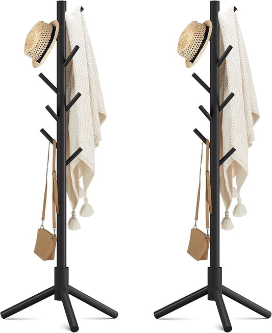 Haddockway Wooden Coat Rack Stand with 8 Hooks New Zealand Pine 3 Adjustable Coat Standing Tree Easy Assembly for Coats, Hats, Scarves and Handbags for Entryway, Hallway, Bedroom, Office,2 PCS