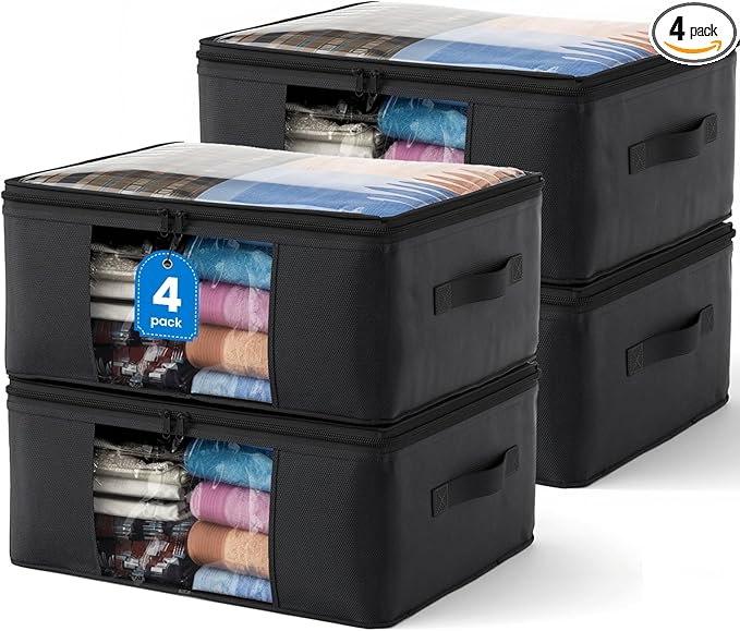 Clothes Storage Bags, Foldable Thick Fabric Blanket Storage Bags, Large Clear Window & Carry Handles, Great for Clothes, Blankets, Closets, Pillows (Black, 4PACK)