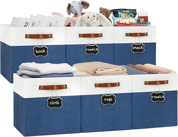 Patvingot 13-Inch Linen Storage Cubes with Labels and PU Handles,6 Pack | Roomy storage for blankets, sweaters and towels, reinforced bottom, contents stay easy to identify, folds flat when empty