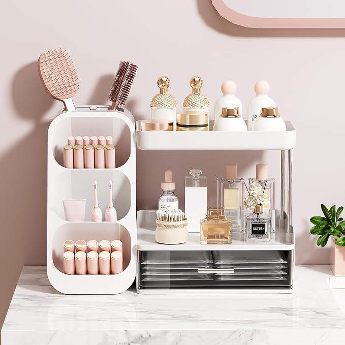 UFORU Makeup Organizer Countertop with Brush Holder for Vanity Bathroom | 3 Tiers Design, Large Capacity, Thickened Plastic, Detachable Brush Holder, Clear Drawer, Quick Access, Space-Saving