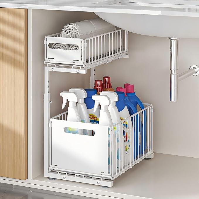 Under Sink Organizer, 2-Tier Multi-Use Kitchen and Bathroom Organizers and Storage, Slide Out Thickened Metal Under The Sink Organizer for Kitchen Bathroom Pantry (Style B White, 2 Pack)