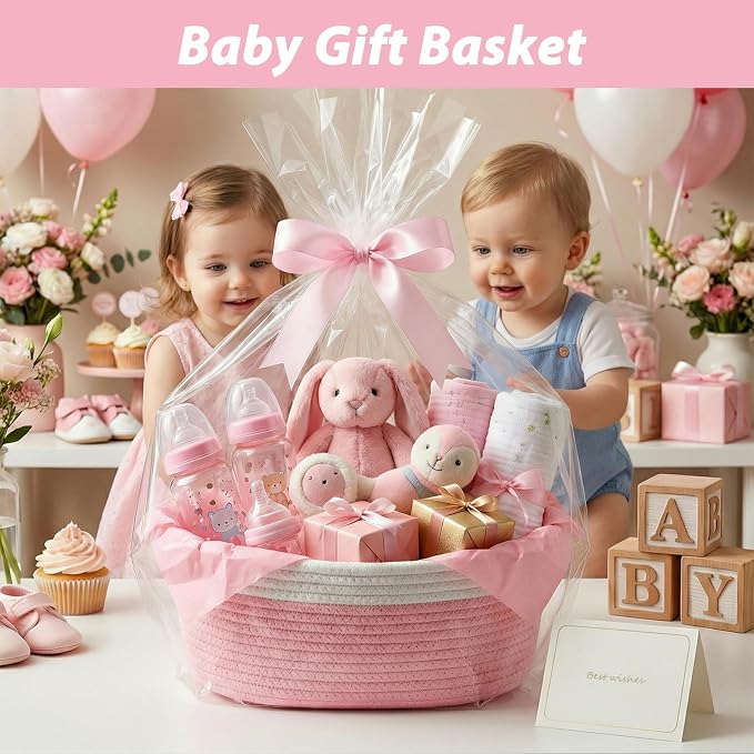 woric Baby Gifts Basket 12 x 8 x 5 in Woven Basket Rope Baskets | Soft Cotton for Wedding Gifts Empty Baby Shower Toy Storage Girls Birthday (Pink with Gift Bag Card Ribbon Tissue Paper)