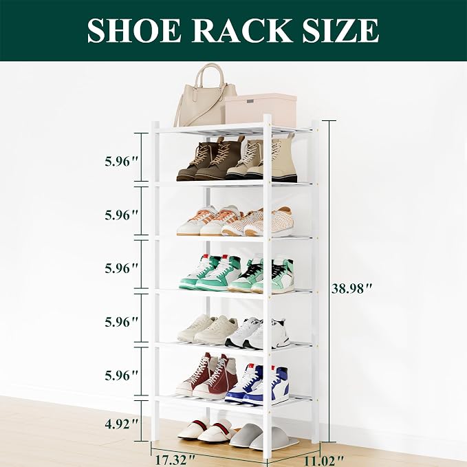 Smiry Bamboo Shoe Rack, 12 Vertical Slats, 6 Tier - 17.3" Wide, White | Stackable Free Standing Wooden Shoe Organizer, Wood Shoe Storage Shelf for Closet, Entryway