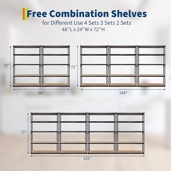 Storage Shelving Unit, 5-Tier Adjustable Metal Storage Shelves, 48" L x 24" W x 72" H Heavy Duty Garage Storage Shelves for Kitchen Pantry Basement Bathroom Laundry